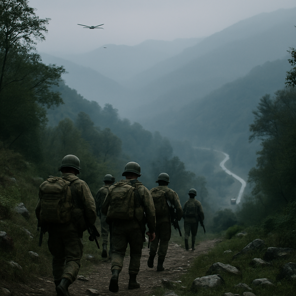 Azerbaijani soldiers move along a rocky mountain path near Shusha as a drone surveys