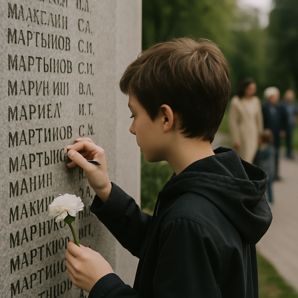 A young person honors a fallen soldier by tending to the name on a