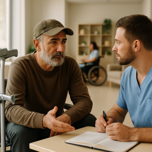 A war veteran discusses rehabilitation and future work plans with a physiotherapist in a