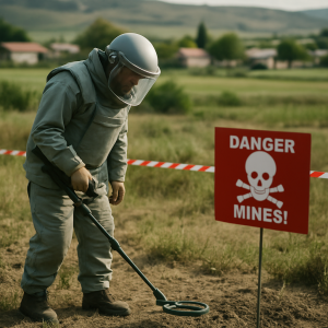 A demining specialist surveys a marked field as warning signs separate the work area
