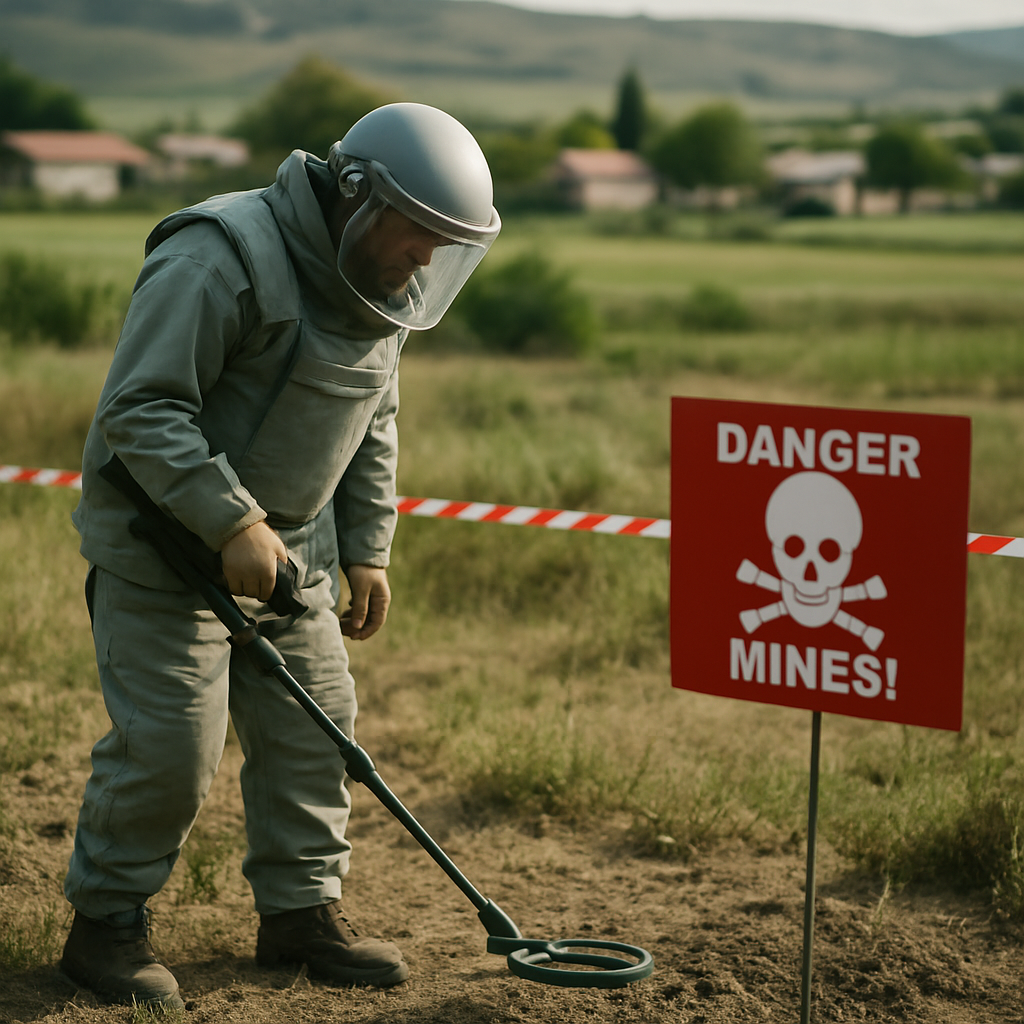 A demining specialist surveys a marked field as warning signs separate the work area