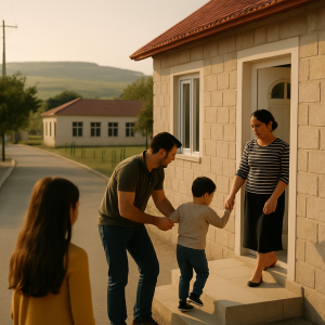 A family settles into a rebuilt village home, with local services and green fields