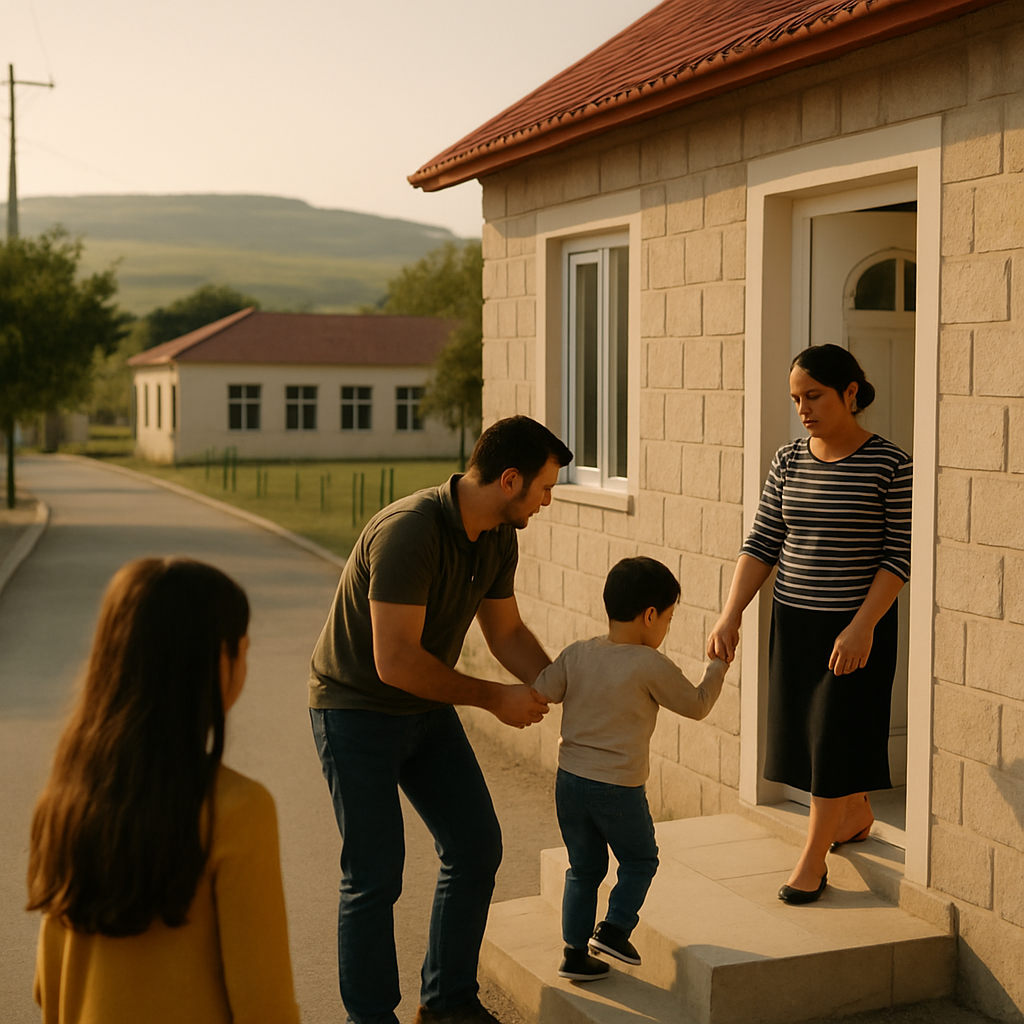 A family settles into a rebuilt village home, with local services and green fields