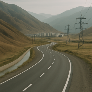 A new road, power lines, and water channel connect a mountain valley to a