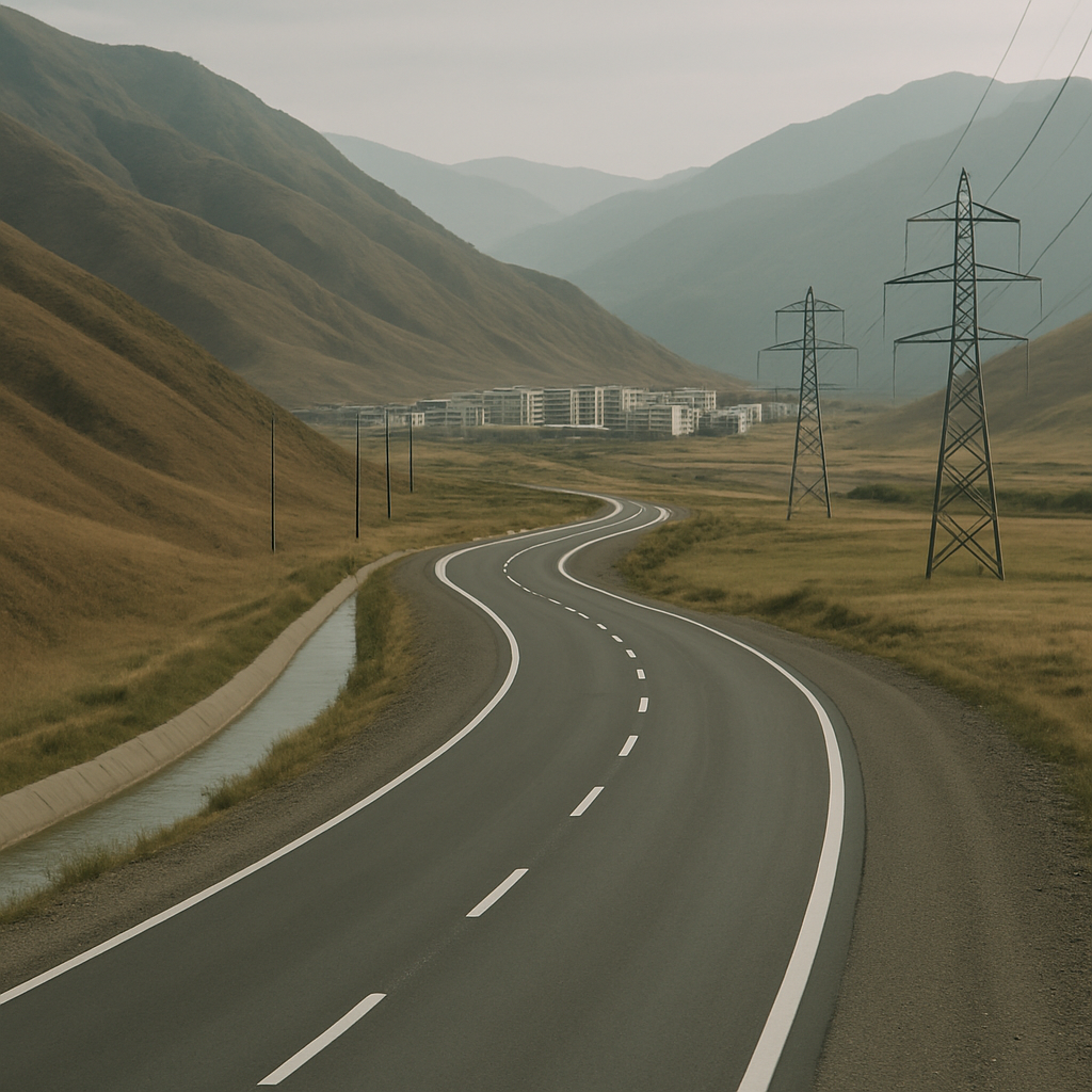 A new road, power lines, and water channel connect a mountain valley to a