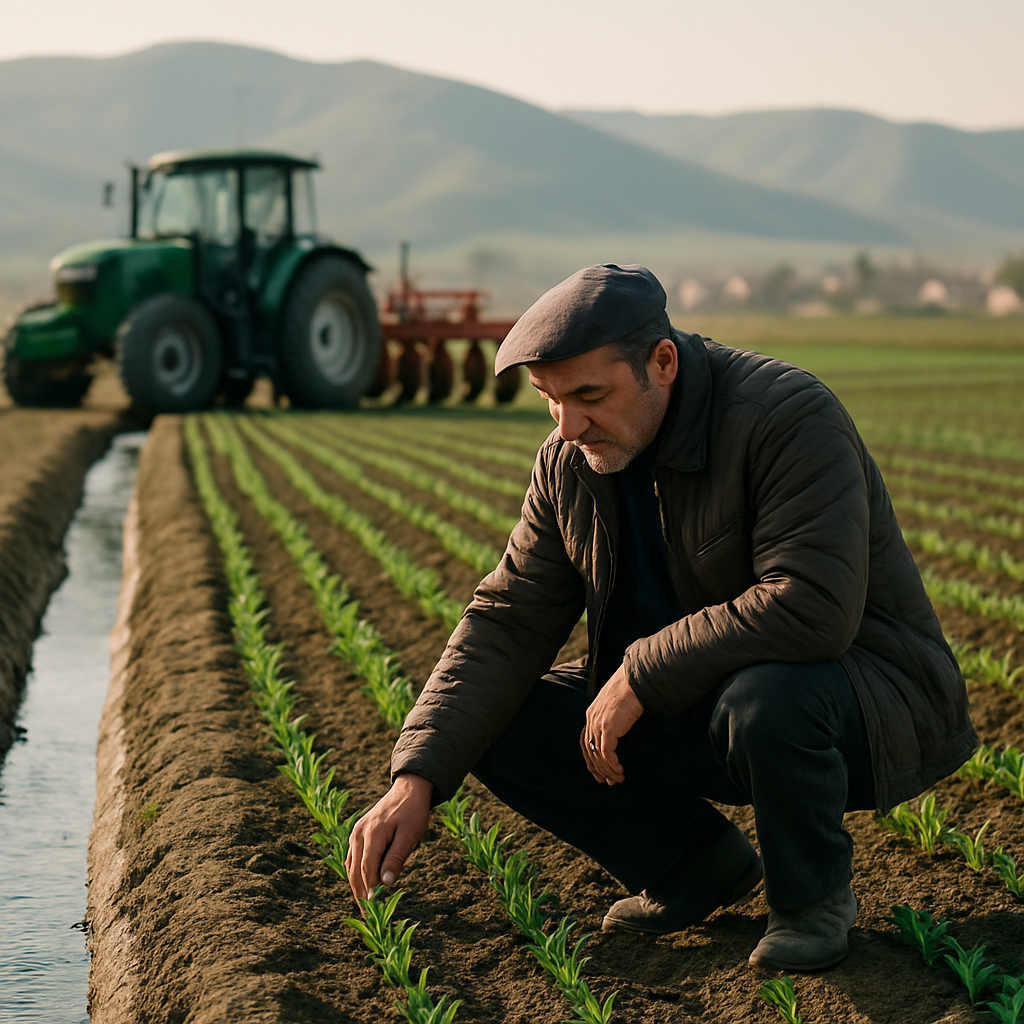 A farmer checks young crops beside an irrigation channel in a restored field in
