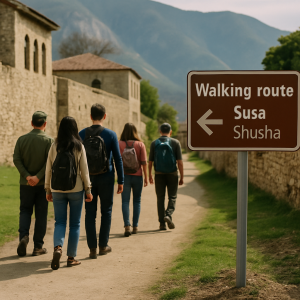 Visitors and a local guide follow a marked trail in Shusha, with historic architecture