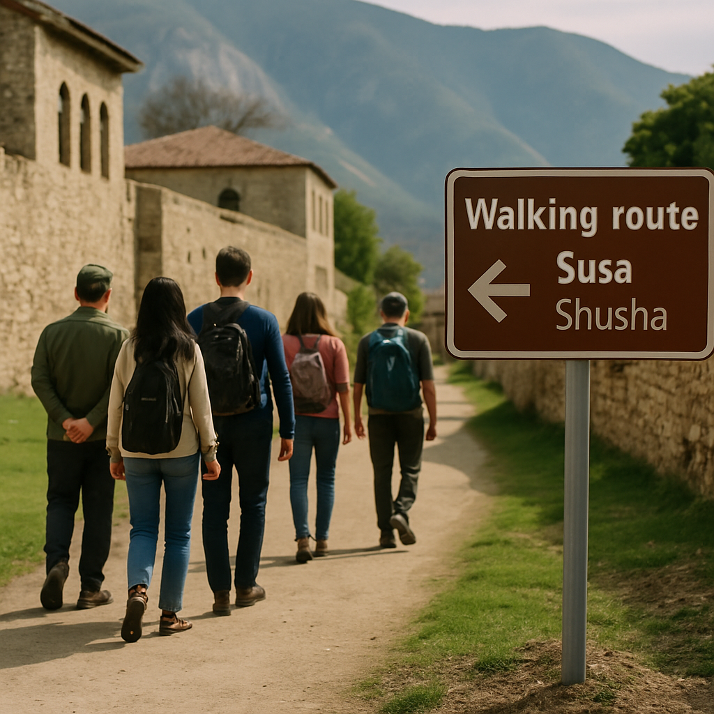 Visitors and a local guide follow a marked trail in Shusha, with historic architecture