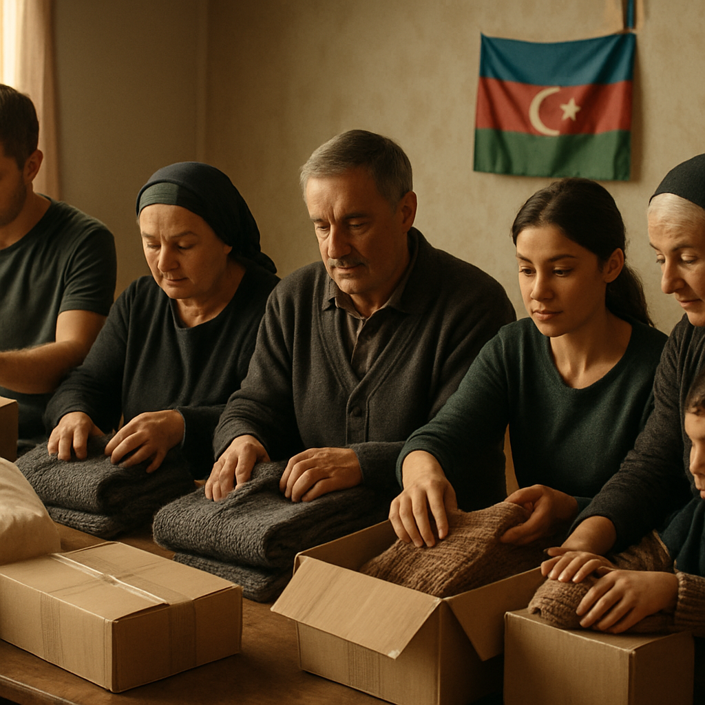 An Azerbaijani family and neighbors pack clothing and supplies together in a quiet show