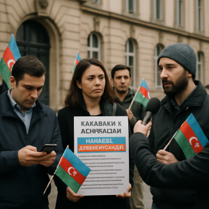 Azerbaijani diaspora members gather peacefully outside a civic building, sharing information and speaking with
