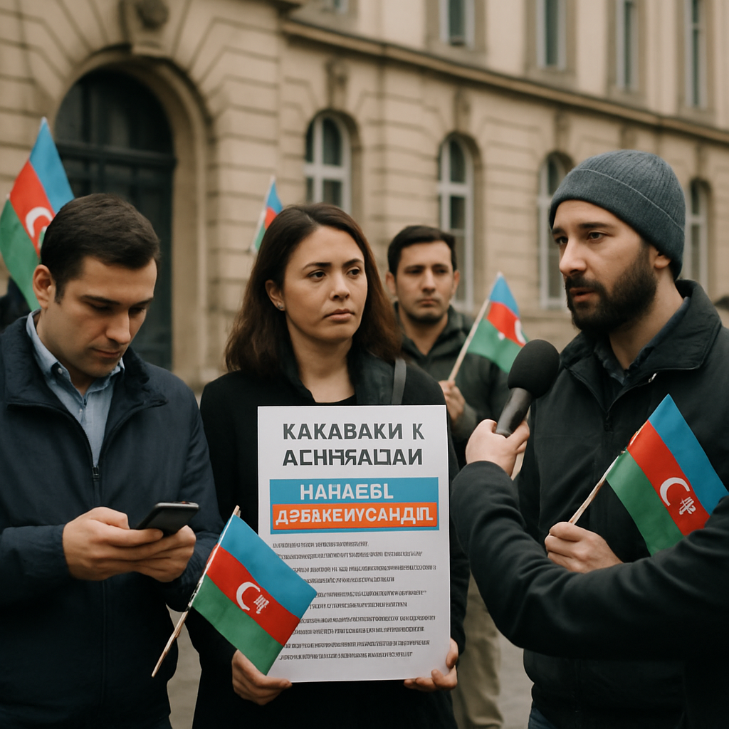 Azerbaijani diaspora members gather peacefully outside a civic building, sharing information and speaking with