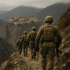 Azerbaijani soldiers advance along a steep rocky path toward Shusha’s mountain-top rooftops.