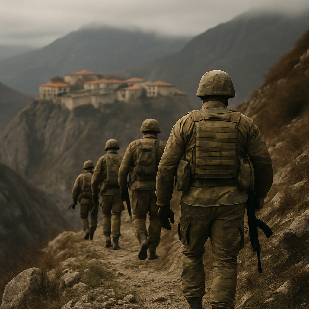 Azerbaijani soldiers advance along a steep rocky path toward Shusha’s mountain-top rooftops.