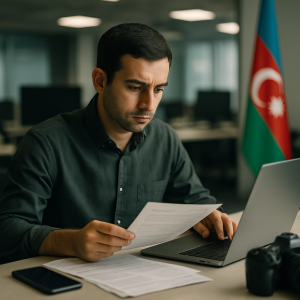 An Azerbaijani journalist verifies information at a newsroom desk, emphasizing media responsibility and public