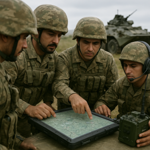 Azerbaijani soldiers use a digital terrain map and communications equipment during a field exercise,