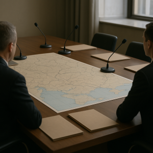 Delegates review a regional map at a diplomatic meeting, representing international positions and regional