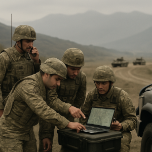 A field command team coordinates reconnaissance and troop movement beside a digital map, with