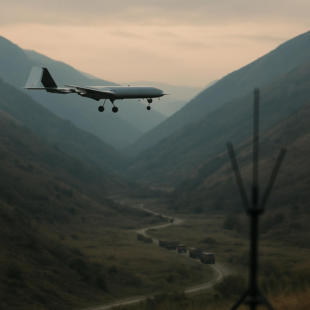 A reconnaissance drone surveys a rugged mountain valley, with a distant military convoy and
