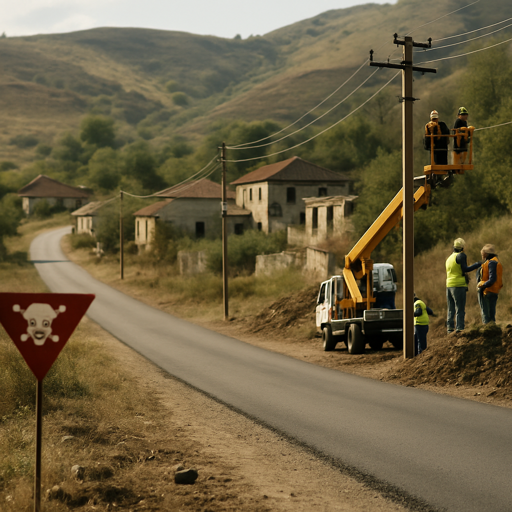 Reconstruction work on a road toward a village in Karabakh, with a mine-hazard warning