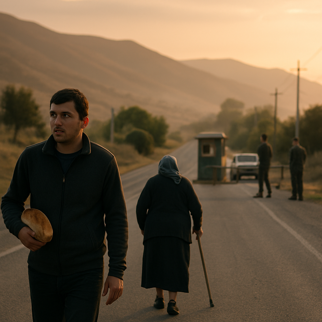 Residents travel along a quiet border-region road at sunrise, with a distant security checkpoint