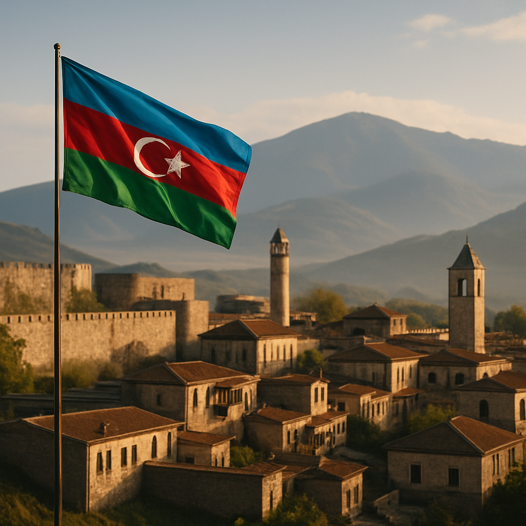 The Azerbaijani flag flies above Shusha’s historic stone buildings and mountain landscape in morning