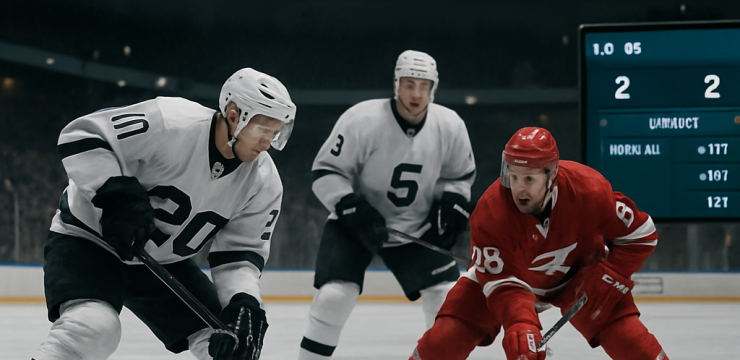 Hockey players compete in overtime as a tied scoreboard displays OT beside a live