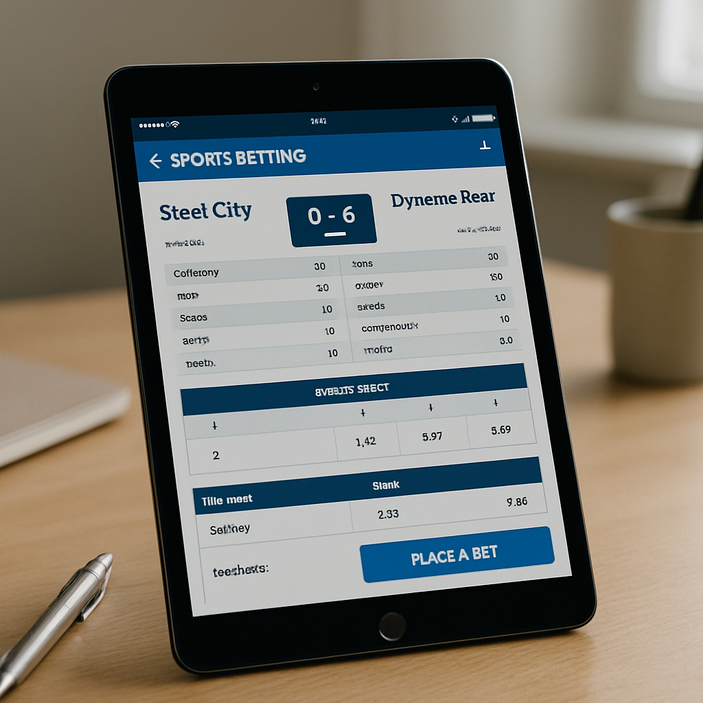 An iPad displays a fictional sports match, selected coupon outcomes, and team statistics together