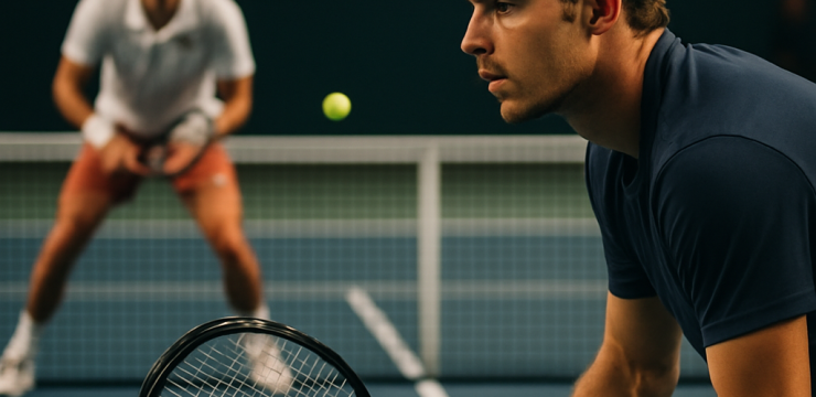 Tennis players face a tense point as a possible break in serve approaches.