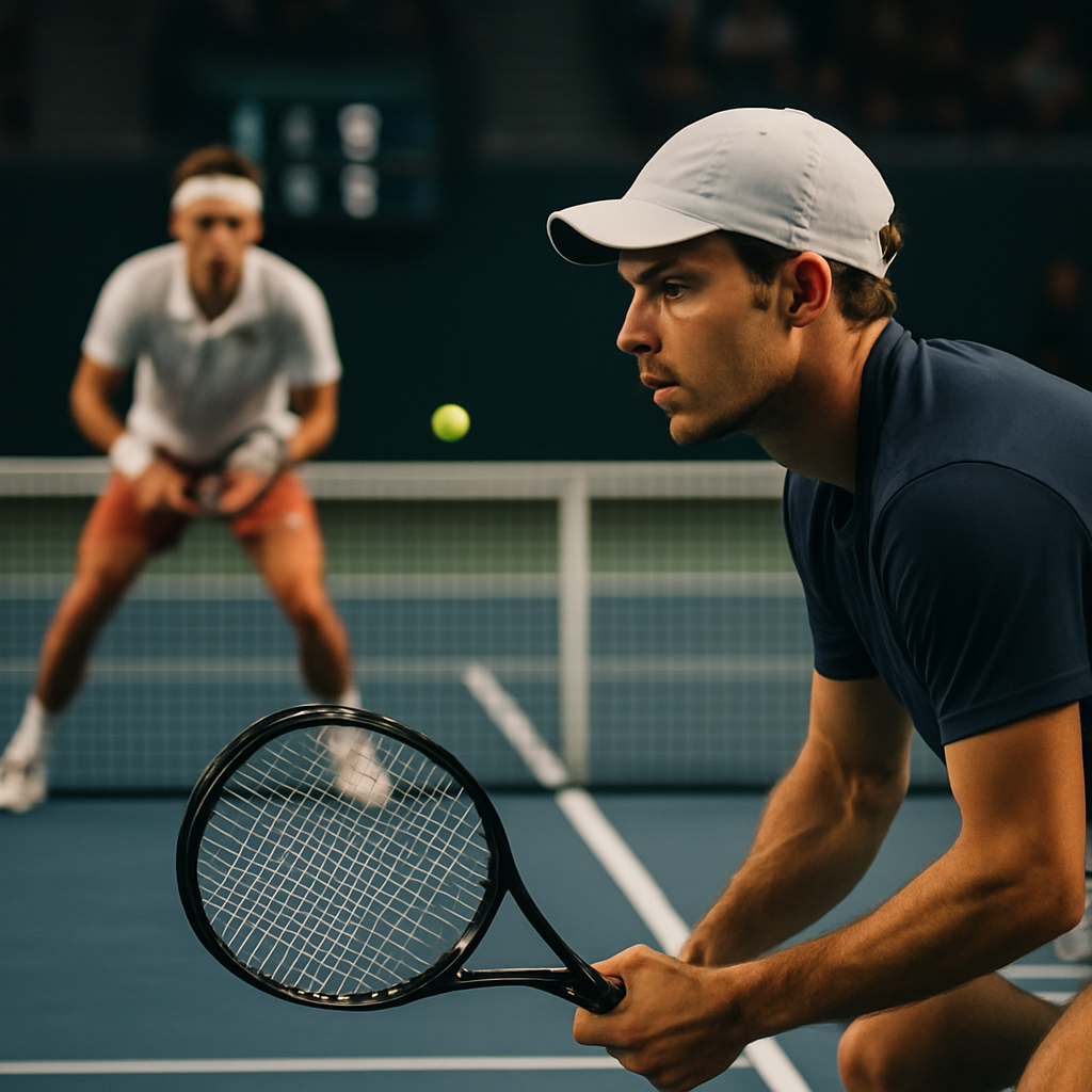 Tennis players face a tense point as a possible break in serve approaches.
