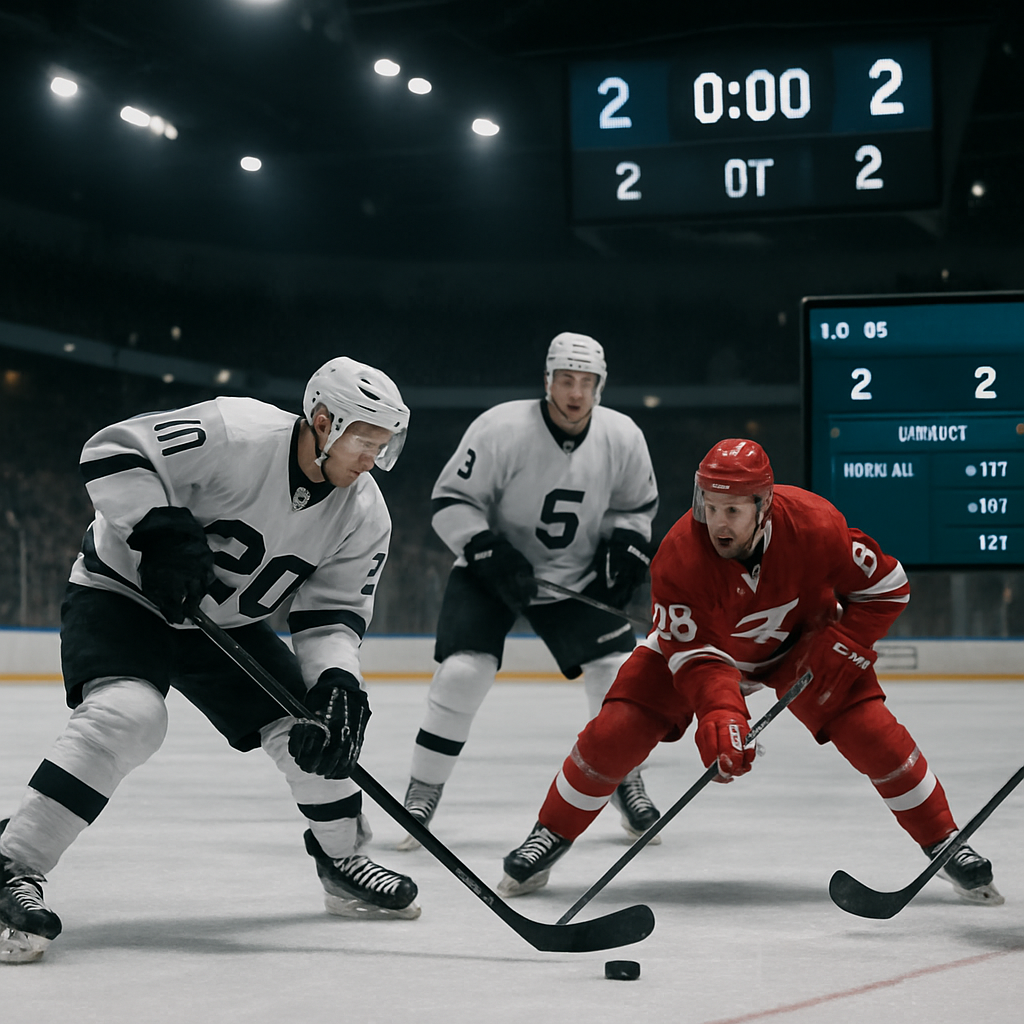 Hockey players compete in overtime as a tied scoreboard displays OT beside a live